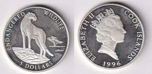 5 Dollar Silbermünze Cook Inseln 1996 bedrohte Tierwelt Gepard PP (160272)