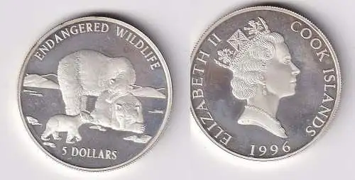 5 Dollar Silbermünze Cook Inseln 1996 bedrohte Tierwelt Eisbären PP (166564)