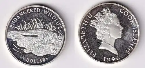 5 Dollar Silbermünze Cook Inseln 1996 bedrohte Tierwelt Krokodil PP (160423)