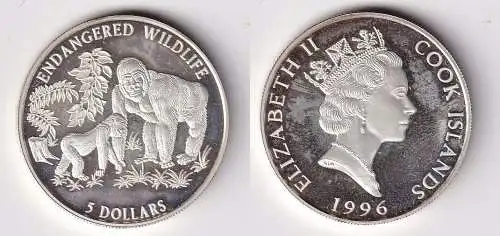 5 Dollar Silbermünze Cook Inseln 1996 bedrohte Tierwelt Gorillas PP (163870)