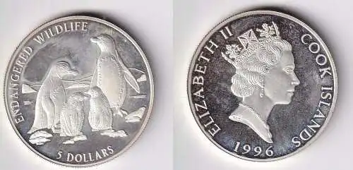 5 Dollar Silbermünze Cook Inseln 1996 bedrohte Tierwelt Pinguine PP (163908)