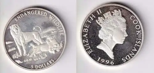5 Dollar Silbermünze Cook Inseln 1996 bedrohte Tierwelt Löwenfamilie (161531)