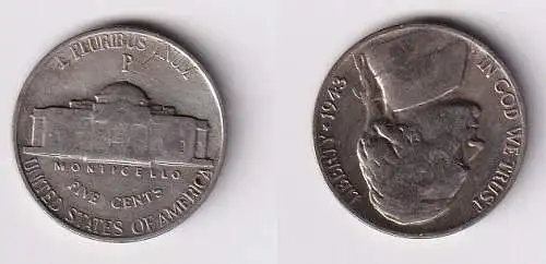 5 Cent Nickel Münze USA 1943 ss+ (166072)