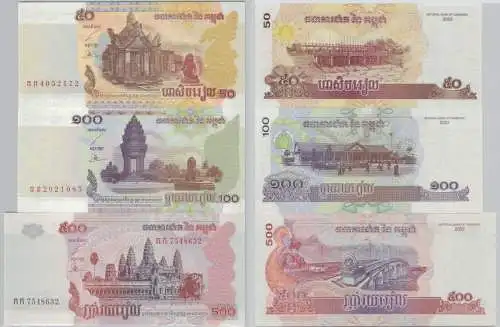 50, 100, 500 Riels Banknoten Kambodscha Cambodia Cambodge 2002 UNC (130732)