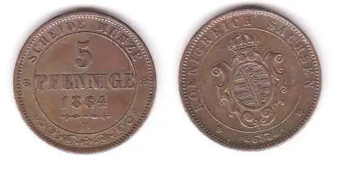 5 Pfennig Kupfer Münze Sachsen 1864 B (114420)
