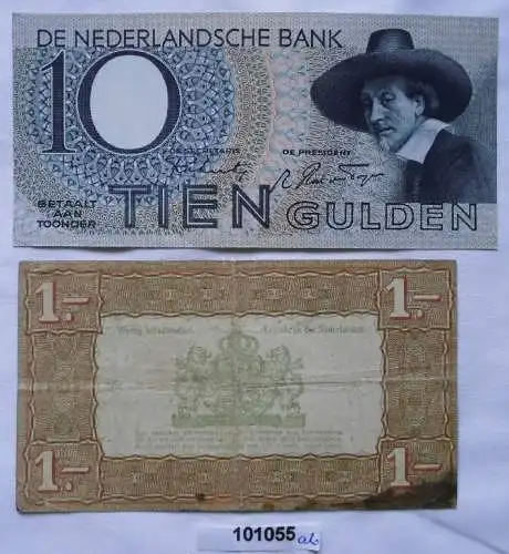 2 Banknoten Niederlande 1 Gulden 1938 und 10 Gulden 1944 (101055)