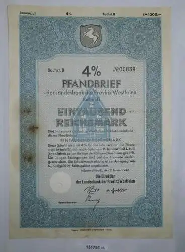 1000 Reichsmark Pfandbrief Landesbank Provinz Westfalen Münster 2.1.1942(131746)