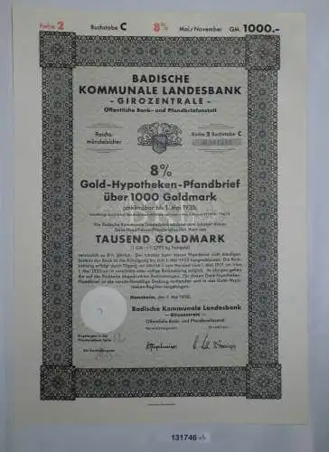 1000 Reichsmark Aktie badische kommunale Landesbank Mannheim 1.Mai 1930 (131746)
