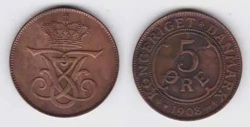 5 Öre Kupfer Münze Dänemark 1908 (133572)