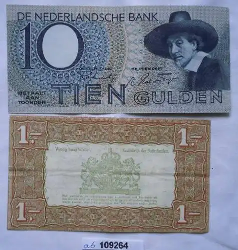 2 Banknoten Niederlande 1 Gulden 1938 und 10 Gulden 1944 (109264)