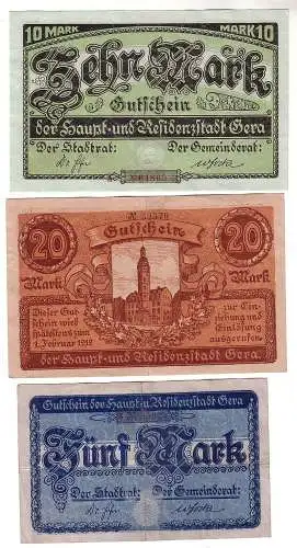 5, 10 und 20 Mark Banknoten Haupt- & Residenzstadt Gera um 1919 (110756)
