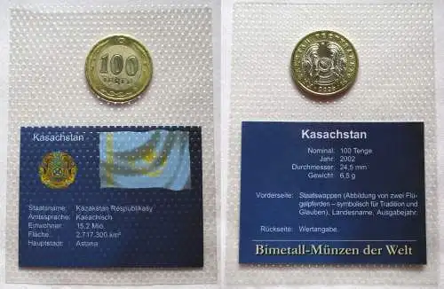 Bi-Metall Münze 100 Tenge Kasachstan 2002 in TOP Erhaltung im Blister (124993)
