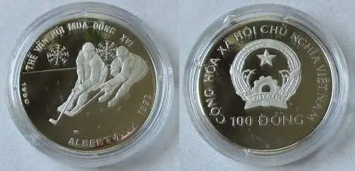 100 Dong Silber Münze Vietnam 1990 Olympiade Albertville 1992 Eishockey (104998)
