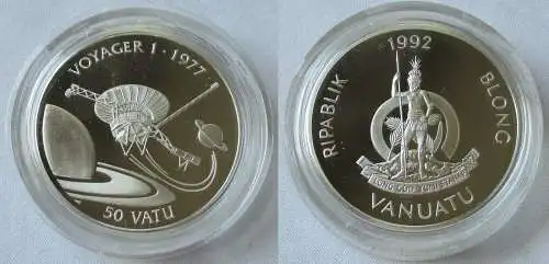 50 Vatu Silber Münze Vanuatu 1992 Raumsonde "Voyager" 1977 (105507)