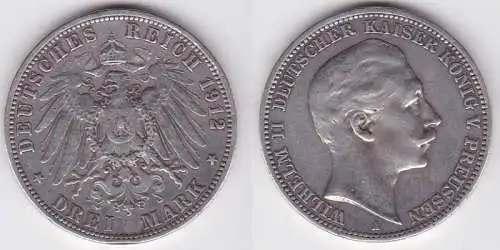 3 Mark Silbermünze Preussen Kaiser Wilhelm II 1912 Jäger 103  (120993)