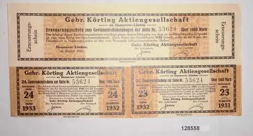 1000 Mark Erneuerungsschein Gebr. Körting AG Hannover-Linden August 1923 /128558