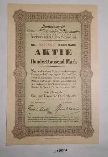 100000 Mark Aktie Dampfziegelei Erz- & Tonwerke O.Kirchheim Dez. 1923 (120064)