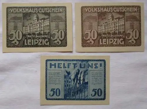 3 x 50 Pfennig Banknoten Notgeld Volkshaus-Gutschein Leipzig (133500)