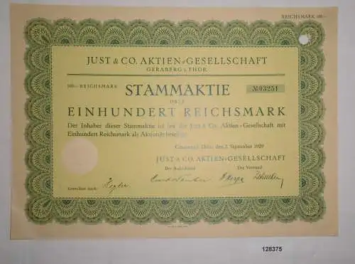 100 Reichsmark Aktie Just & Co. AG Geraberg in Thüringen 2. Sept. 1929 (128375)