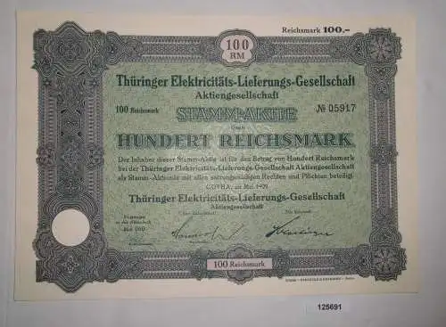 100 RM Aktie Thüringer Elektricitäts-Lieferungs-Gesellschaft Gotha 1929 (125691)