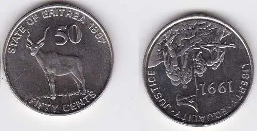 50 Cents Stahl Münze Eritrea Antilope 1997 (120996)