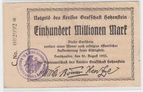 100 Millionen Mark Banknote Nordhausen Kreis Grafschaft Hohenstein 1923 (110835)