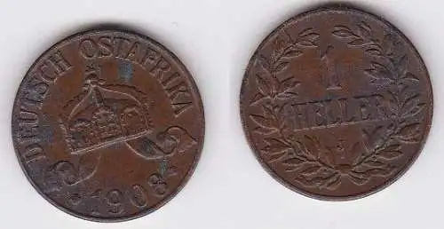 1 Heller Kupfer Münze Deutsch Ostafrika 1908 J (120741)