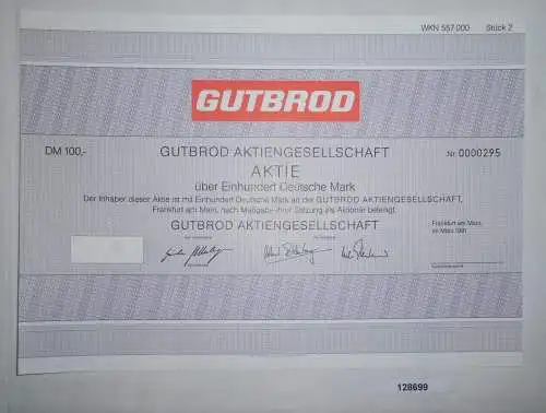 100 Mark Aktie Gutbrod AG Frankfurt am Main März 1991 (128699)