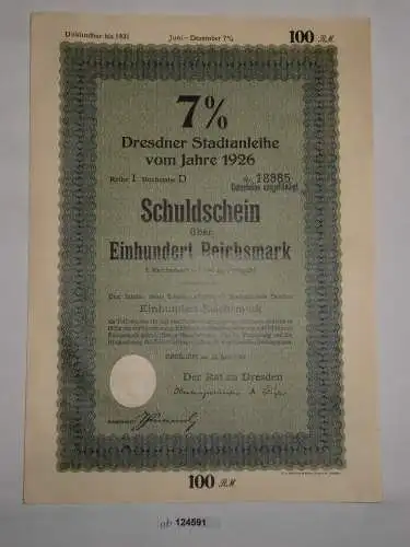 100 Reichsmark Schuldschein Dresdner Stadtanleihe 23. Juni 1926 (124591)
