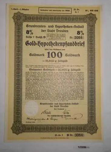 100 Goldmark Pfandbrief Grundrenten & Hypotheken-Anstalt Dresden 1928 (123996)
