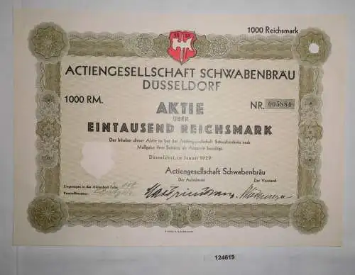 1000 Reichsmark Aktie AG Schwabenbräu Düsseldorf Januar 1929 (124619)