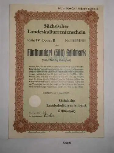 500 Goldmark Rentenschein Landeskulturrentenbank Sachsen Dreden 1928 (122043)