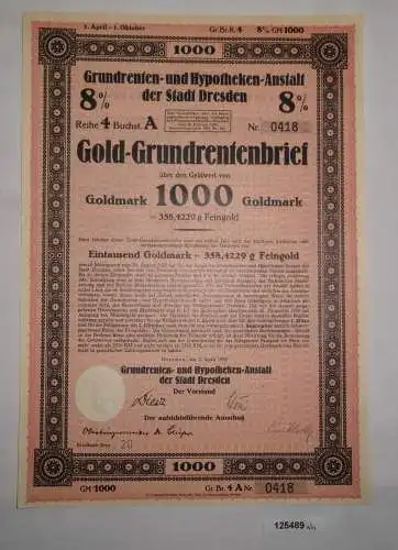 1000 Goldmark Rentenbrief Grundrenten & Hypotheken-Anstalt Dresden 1928 (125489)