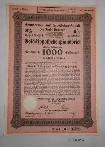 1000 Goldmark Pfandbrief Grundrenten & Hypotheken-Anstalt Dresden 1928 (123491)
