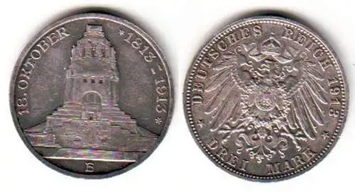 3 Mark Silbermünze Sachsen Völkerschlachtdenkmal 1913 Jäger 140 (111596)