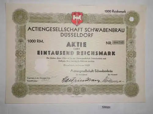 1000 Reichsmark Aktie AG Schwabenbräu Düsseldorf Januar 1929 (123321)