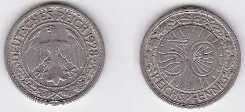50 Pfennig Nickel Münze Weimarer Republik 1928 J (122684)