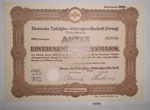 1000 Reichsmark Aktie Deutsche Tafelglas AG (Detag) Fürth Oktober 1938 (128392)