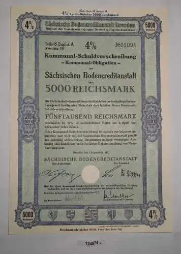 5000 RM Schuldverschreibung Sächsische Bodencreditanstalt Dresden 1943 (124574)