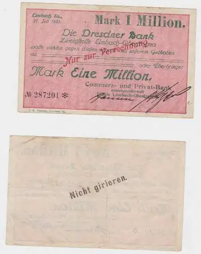 1 Million Mark Banknote Dresdner Bank Limbach 27.7.1923 (130085)