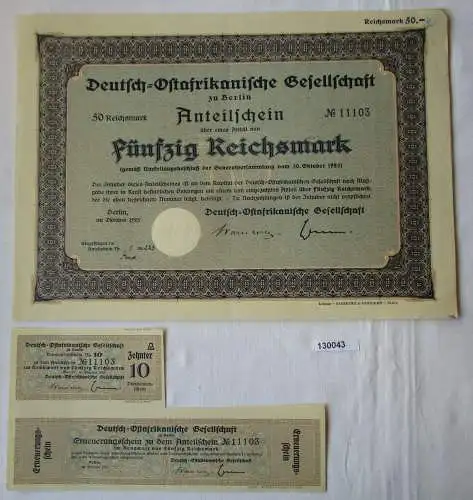 50 RM Aktie Deutsch-Ostafrikanische Gesellschaft Berlin Oktober 1925 (130043)