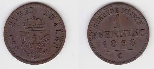 1 Pfennig Bronze Münze Preussen 1868 C f.vz (150032)