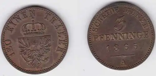 3 Pfennige Bronze Münze Preussen 1865 A vz/Stgl. (150770)