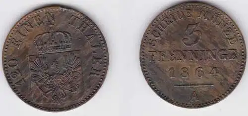 3 Pfennige Kupfer Münze Preussen 1864 A f.vz (150069)