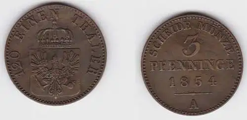 3 Pfennige Kupfer Münze Preussen 1854 A f.vz (150043)