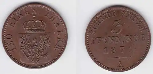 3 Pfennige Bronze Münze Preussen 1871 A vz/Stgl. (150206)