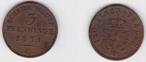3 Pfennige Kupfer Münze Preussen 1871 C vz (150219)
