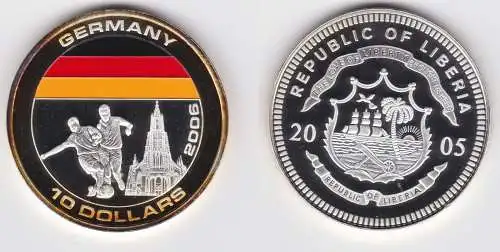 10 Dollar Farb Silber Münze Liberia 2005 Fussball WM 2006 Deutschland (144078)