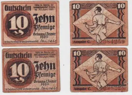 2 x 10 Pfennig Banknoten Notgeld Stadt Grimma 1.12.1920 (145639)
