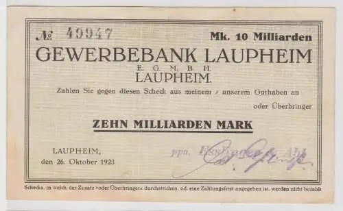 10 Milliarden Mark Banknote Inflation Gewerbebank Laupheim 26.10.1923 (143326)